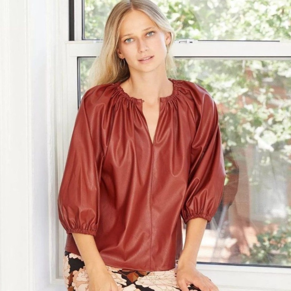 Who What Wear Fired Brick Faux Leather Top 3/4 Ballon Sleeves Sz M NWT - Picture 5 of 15
